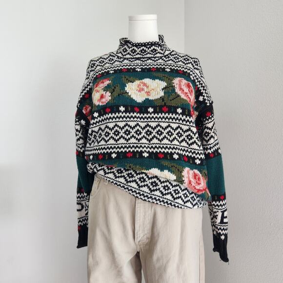 American Vintage Sweaters - Vintage 90s Express Tricot Knit Sweater Floral Fair Isle Mock Neck Whimsigoth M